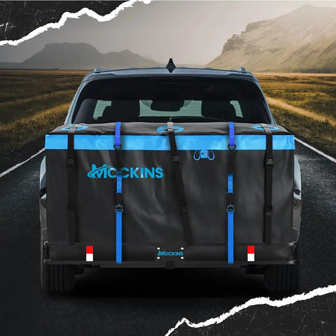 Big 25 Cu Ft Weatherproof Trailer Hitch Cargo Carrier Bag Set for Cars Trucks and SUVs mounted on vehicle for storage