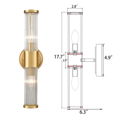 Mid Century Brass Glass Rod Wall Sconces With Two Lights Vanity Light Fixtures, side view with dimensions