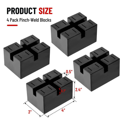 Solid Rubber Pinch Weld Blocks Jumper Pads for Auto Lift Jack Stand Support, 4 pack, 3x4x0.5 inches, heavy duty car repair.