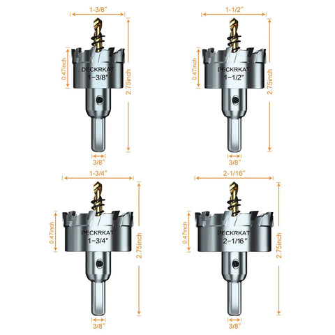 Four sizes of Beefy Heavy Duty Tungsten Carbide Tipped Hole Saw Kit showing dimensions and shank for steel metal and plastic.