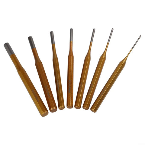 Solid Minhe 7 Piece Punch Set Includes Roll Pin And Chisel Tools Plus Marking Scribe For Watch Repair, Machinery Maintenance, DIY Jobs With Gold Alloy Steel Handle That Is Super Grip Friendly., 7 gold alloy steel punches, 150mm, assorted pin sizes