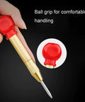 Heavy Duty Spring Loaded Center Punch With Protective Cap features ball grip handle for comfort and precision in steel and wood marking.