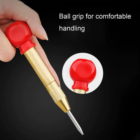 Heavy Duty Spring Loaded Center Punch With Protective Cap features ball grip handle for comfort and precision in steel and wood marking.