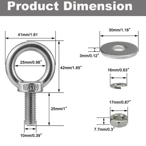 Product dimensions for Solid As A Rock 304 Stainless Steel Eye Bolts With Nuts And Washers 4 Pack M10 X 25MM with measurements.