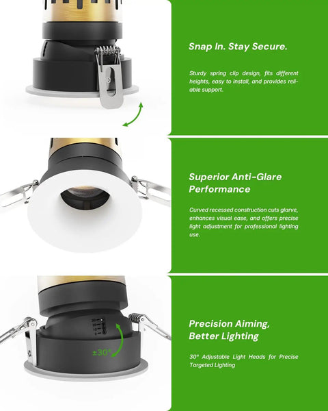 YOVELOS 6-Pack 10W Trimless Recessed LED 3 Inch Slim Spotlight close-up of adjustable light head and clip design