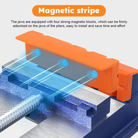 Set Of Two Pair Four Inch Soft Jaw Pads For Bench Vise With Knockout Magnetic Base showcasing magnetic stripe and grip design.