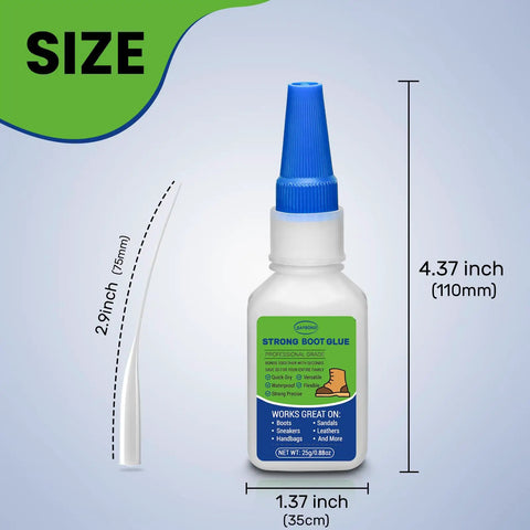 Waterproof Cowboy Boots Glue For Muck And Hiking Shoes, Suede Repair Adhesive with size dimensions and blue nozzle