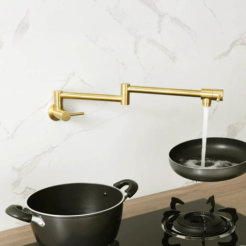 Pot Filler Folding Faucet Wall Mount Solid Brass With Swing Arm Brushed Gold Finish Stretchable Kitchen Sink Faucet For Single Hole Install Two Handle Modern Design Space Saving And Durable