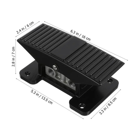 Pneumatic Foot Pedal Valve Hands Free Momentary Five Way Three Position Foot Operated Air Valve with dimensions labeled