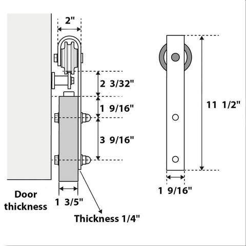 Diagram of black hardware for Double Barn Sliding Doors In Matte White 84 By 96 with measurements, steel hangers, and rails