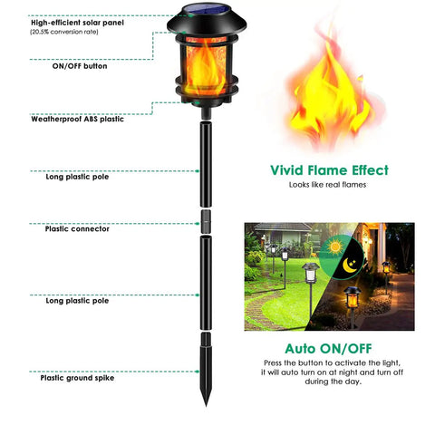 Outdoor Solar Torch Lights With Flickering Flame featuring solar panel and vivid flame effect diagram.