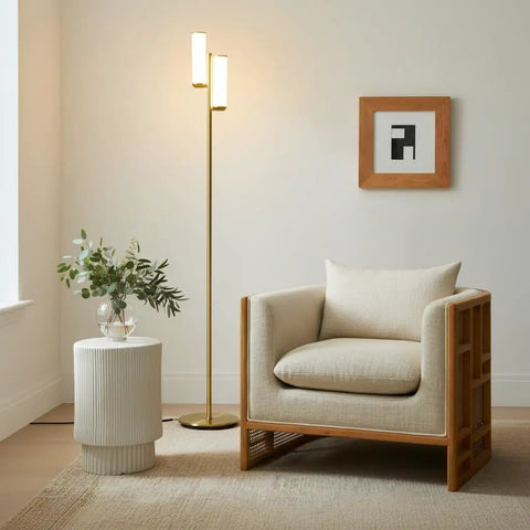 Gemini Dimmable Floor Lamp With Two Lights In Gold Brass Finish, Modern Tall Tree Style For Bedroom, Office, And Living Room, Sleek Standing Lamp For Contemporary Home Decor