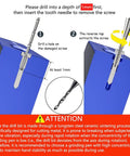 Diagram showing how to use Damaged Screw Removal Kit For Phones And Electronics, with labeled drill process for tungsten steel bits.
