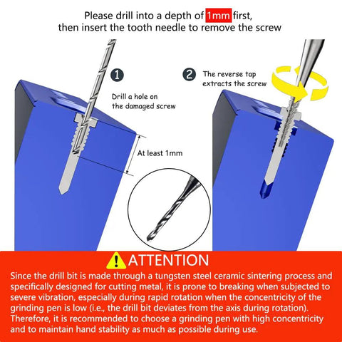 Diagram showing how to use Damaged Screw Removal Kit For Phones And Electronics, with labeled drill process for tungsten steel bits.