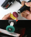 Close-up and side view of rotary-tool abrasive wheels; 1-inch buffing discs with 1/8-inch shank; grits 120–600.