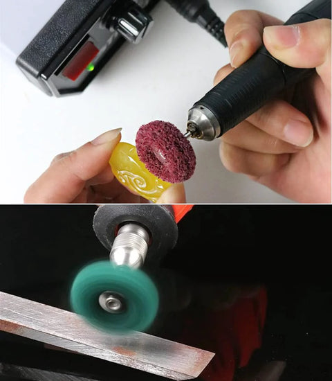 Close-up and side view of rotary-tool abrasive wheels; 1-inch buffing discs with 1/8-inch shank; grits 120–600.