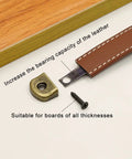 Leather Drawer Pulls With Iron Plate For Enhanced Bearing Capacity 6 Piece Set Includes Self Tapping Screws showing components and wood board
