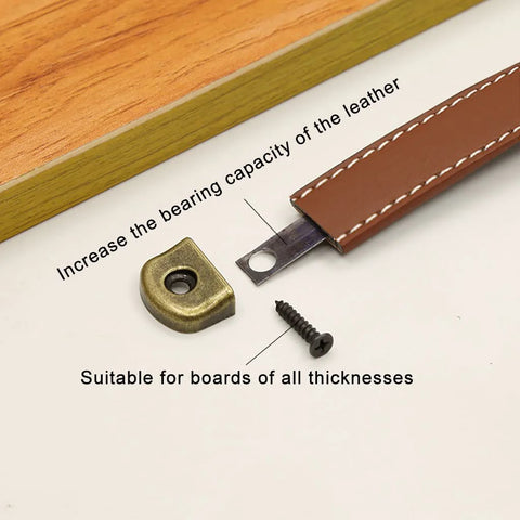 Leather Drawer Pulls With Iron Plate For Enhanced Bearing Capacity 6 Piece Set Includes Self Tapping Screws showing components and wood board