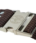 Close-up of metal buckle on 2 Inch Wide Electrician Tool Belt, Adjustable Up To 48 Inch Waist, Beefy Nylon Webbing