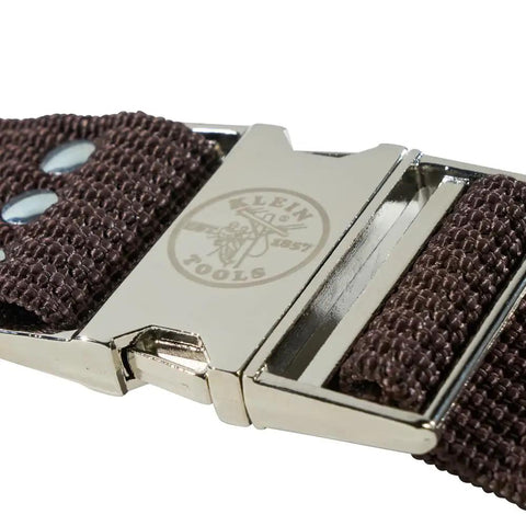 Close-up of metal buckle on 2 Inch Wide Electrician Tool Belt, Adjustable Up To 48 Inch Waist, Beefy Nylon Webbing