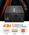 Road Warrior 400W Car Power Inverter 12V To 110V AC Adapter With 65W USB C Fast Charging Port For Laptops Phones Tablets Family Road Trip Must Have Gear, showcasing dual AC outlets and USB ports.