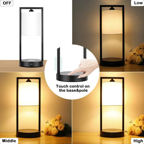 Wireless Charging Table Lamps Set Of 2 With 3-Way Dimmable Touch Control, Bedside Nightstand Lamps In White Fabric Shade, light settings shown