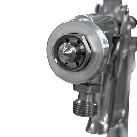 Pro Tier Heavy Duty Industrial Spray Gun With Precision One Point Three Millimeter Tip showing the detailed nozzle and air connection.