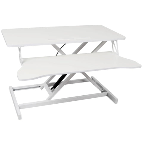 Super Comfy Height Adjustable Standing Desk With Swivel Keyboard Tray For Home Office Computer Workstation, white finish, 31.5x15.7in size.