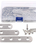 Heavy Duty Stainless Steel Flat Straight Brace Brackets With Mending Plates And Reliable Hardware Includes Eighty Screw Kit For Rock Solid Repairs And Quick Garage Builds Silver Finish in transparent storage box with screws.