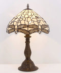 Cream Stained Glass Dragonfly Tiffany Bedside Table Lamp 12x12x18 Inches with vintage green bronze base lit on