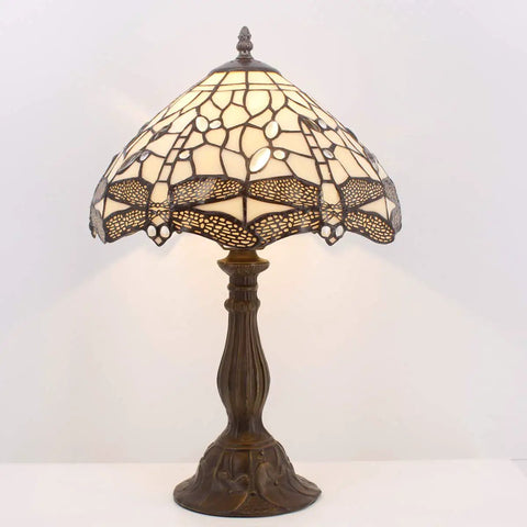Cream Stained Glass Dragonfly Tiffany Bedside Table Lamp 12x12x18 Inches with vintage green bronze base lit on