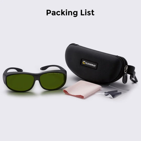 Top Notch Fiber Laser Safety Goggles For 1064Nm Eye Protection And Laser Engraving Gear High Density Certified Dpss Yag Cutter Specs Hella Solid Impact Resistant Frames With Three Pack Included packing list with goggles, carrying case, and cleaning cloth.