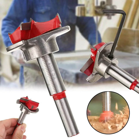 SagaSave 30mm adjustable Forstner drill bit for wood; red collar, silver shaft, 1 piece, front view