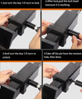 Image showing installation and use of Five Eighth Inch Locking Trailer Hitch Pin Anti Theft Receiver Lock For Two Inch Receiver Tubes Class Three And Four Hitches High Strength Steel Black One Pack.