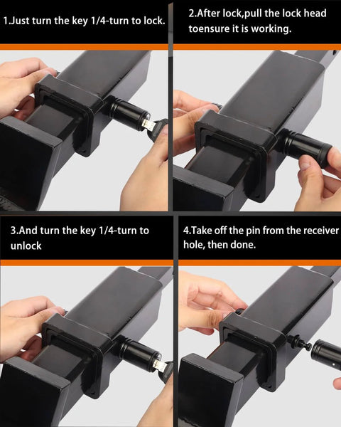 Image showing installation and use of Five Eighth Inch Locking Trailer Hitch Pin Anti Theft Receiver Lock For Two Inch Receiver Tubes Class Three And Four Hitches High Strength Steel Black One Pack.