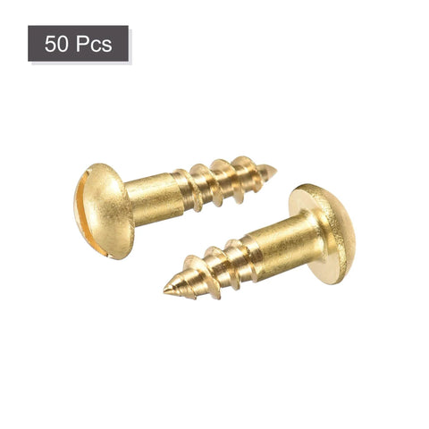 Close-up of Brass Wood Screws M4 X 12mm Slotted Round Head Self Tapping Durable DIY Hardware Pack of 50 for furniture projects.