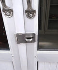 2 Pieces Stainless Steel Gate Lock Hasp Set installed on glass door, 3 inch silver, durable rustproof polished surface for security