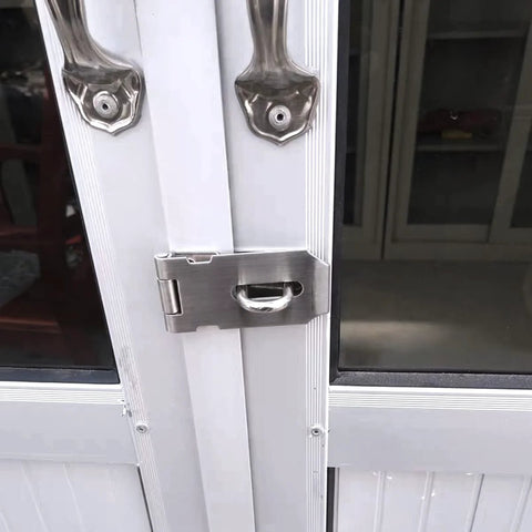 2 Pieces Stainless Steel Gate Lock Hasp Set installed on glass door, 3 inch silver, durable rustproof polished surface for security