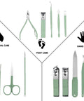 All In One Nail And Foot Care Kit For Women Pro Grade 12 Piece Manicure Pedicure Set In Green Travel Case tools display