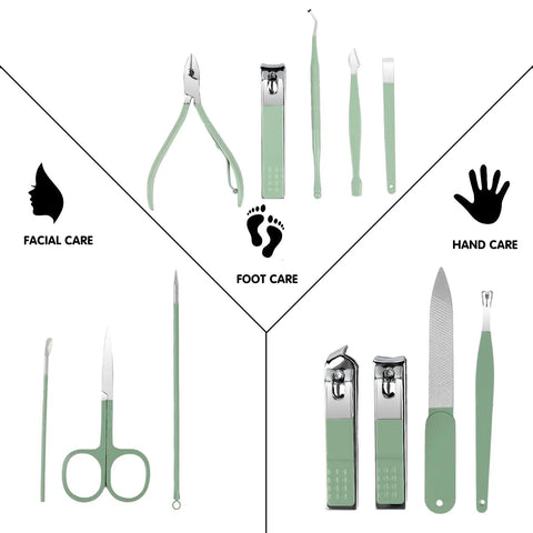 All In One Nail And Foot Care Kit For Women Pro Grade 12 Piece Manicure Pedicure Set In Green Travel Case tools display