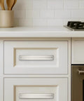 5 Pack 3 Inch Hole Center Brushed Satin Nickel Cabinet Pulls With Backplates And Base Plates on kitchen drawer