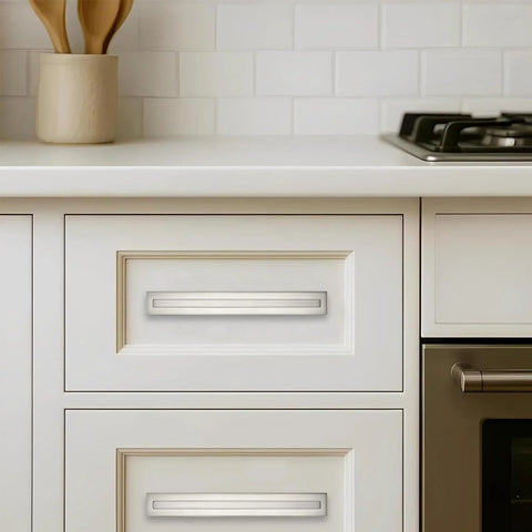 5 Pack 3 Inch Hole Center Brushed Satin Nickel Cabinet Pulls With Backplates And Base Plates on kitchen drawer