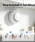 10 Pack Photoelectric Smoke Alarms With Rock Solid Ten Year Battery Life In Crisp White Finish Featuring Simple Press Test Mute Function And Hella Easy Surface Mount Setup To Guard Your Spot Against Fire Risks installed on wall with installation instructions.