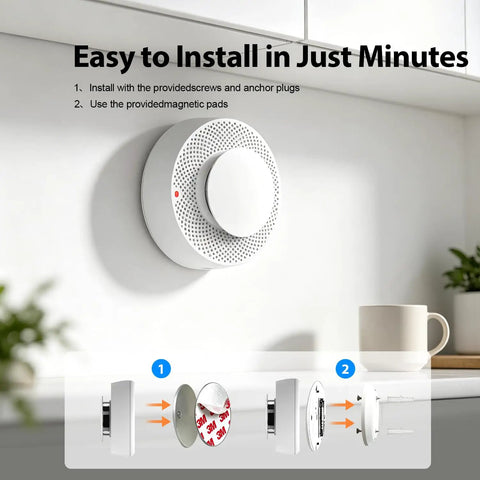 10 Pack Photoelectric Smoke Alarms With Rock Solid Ten Year Battery Life In Crisp White Finish Featuring Simple Press Test Mute Function And Hella Easy Surface Mount Setup To Guard Your Spot Against Fire Risks installed on wall with installation instructions.