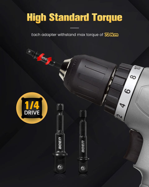 Impact Grade Socket Adapter Set Three-Piece With Bit Holder One Quarter Inch Three Eighths Inch SAE Hex Shank Chrome Vanadium
