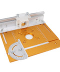 Router table insert plate by Amazon; orange anodized aluminum with white flip plate and built-in protractor gauge
