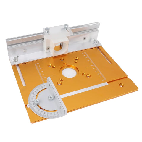 Router table insert plate by Amazon; orange anodized aluminum with white flip plate and built-in protractor gauge