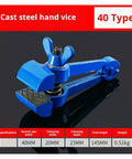Durable Handheld Vise Clamp For Welding Jobs With Textured Jaws To Grip Metal Tight and Stop Slipping During Grinding Filing Or Cutting Tasks For Serious DIY Pros, blue cast steel design.