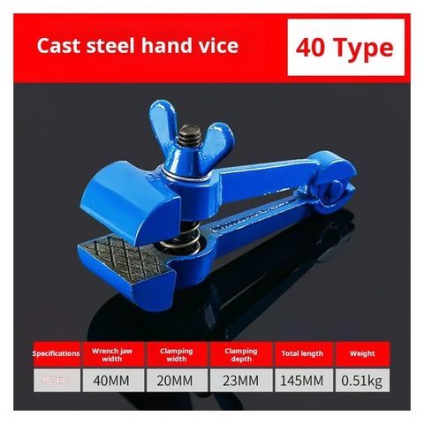 Durable Handheld Vise Clamp For Welding Jobs With Textured Jaws To Grip Metal Tight and Stop Slipping During Grinding Filing Or Cutting Tasks For Serious DIY Pros, blue cast steel design.
