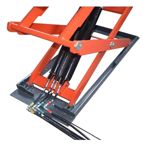 Top Tier Heavy Duty Scissor Auto Lift Featuring Eight Thousand Pound Capacity Auto Leveling Motor And 220V Voltage hydraulic mechanism detail.